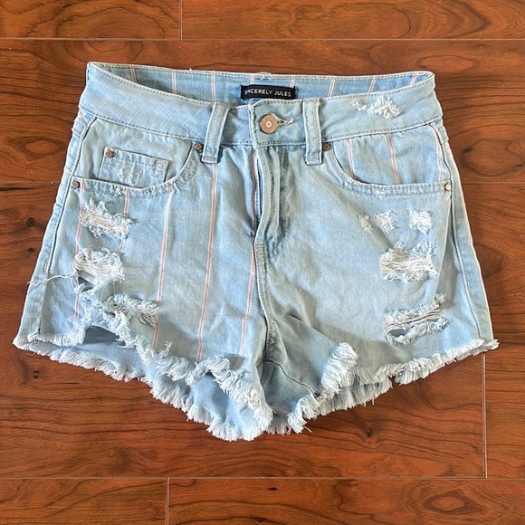 Sincerely Jules High Rise Light Wash Red Pin Striped Cut Off Jean Shorts - Picture 1 of 5